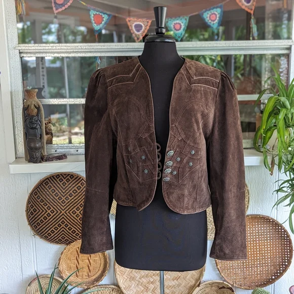 Authentic Vintage Landhaus Suede Leather Blazer Dirndl Tirolean Folklore Lg - Picture 10 of 16